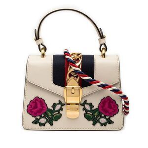 Pre Loved gucci Floral Embroidered Top Handle Bag Women White Satchel